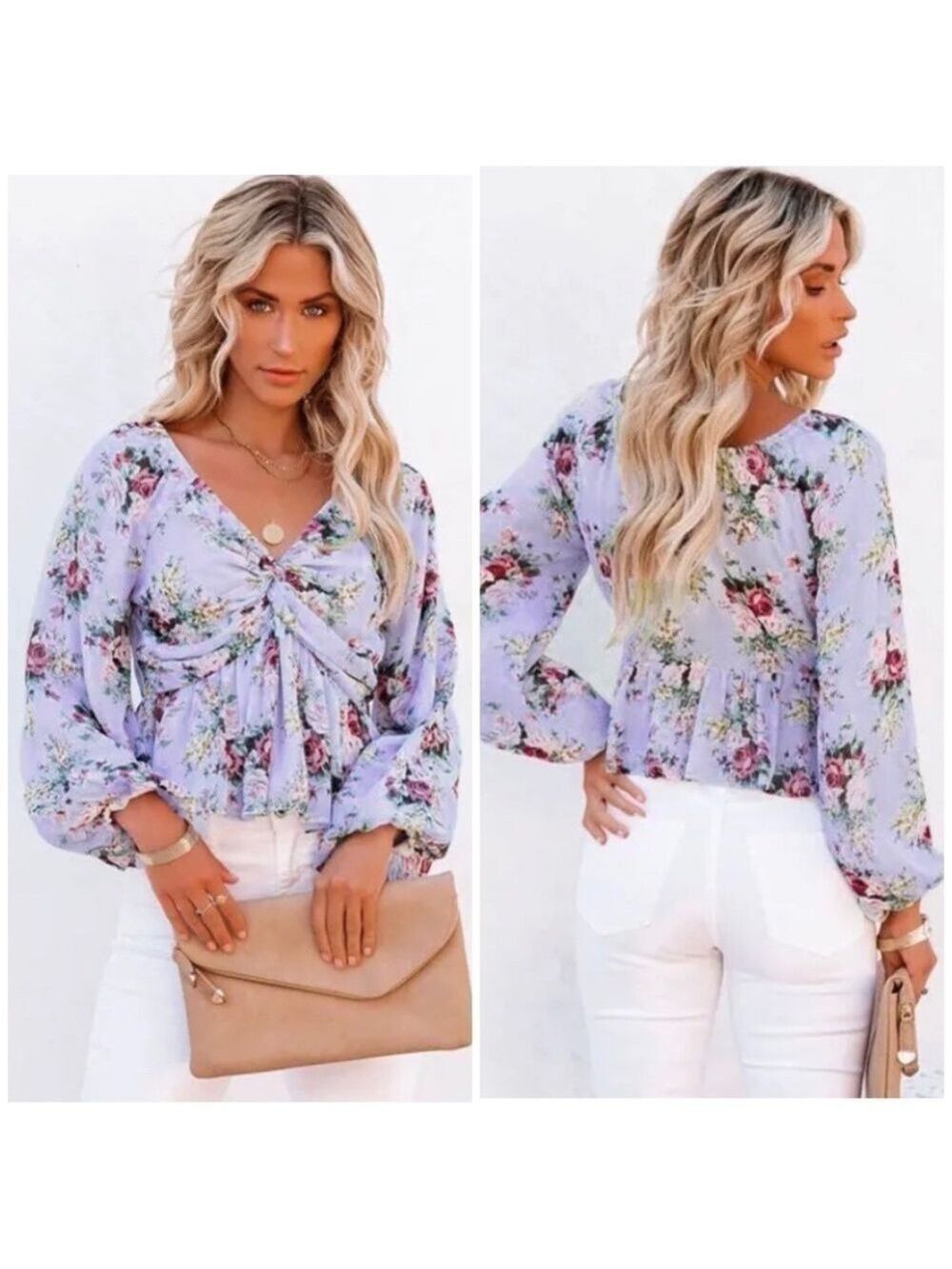 VICI Sure Thing Floral Balloon Sleeve Twist Blouse In Blue